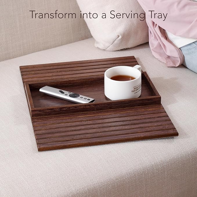 DETOR Couch Arm Tray with Spacious 12.4" x 5.4" Storage Box, Brown-Stained Bamboo Finish, Enhanced Non-Slip Felt Bottom, Sturdy Bamboo Slats, Fits Armrests 6" and Wider