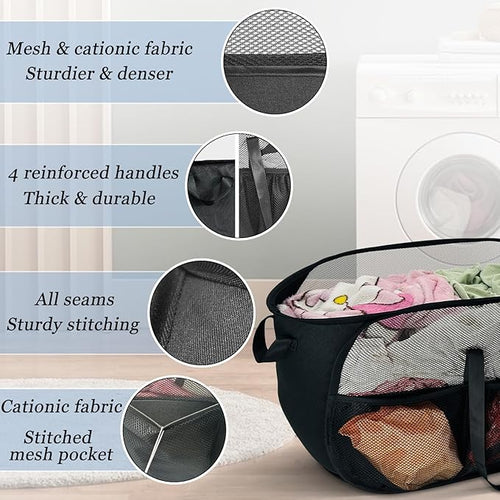 100L Extra Large Mesh Pop Up Hamper with Handles and bag, Upgraded Cationic XL Collapsible Laundry Baskets, Portable Stair Basket, Dirty Clothes Hamper for Cruise Travel Bedroom. Black