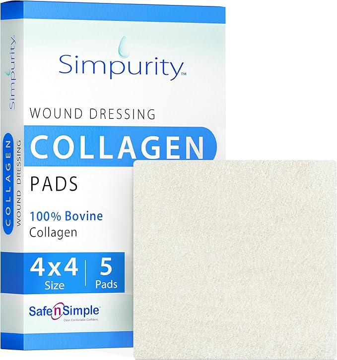 Collagen Dressing Pads - 4" x 4" 5 Count Collagen Pads for Wounds - Non-Adherent Collagen Dressing for Wound Care - Safe n' Simple Wound Care Supplies.