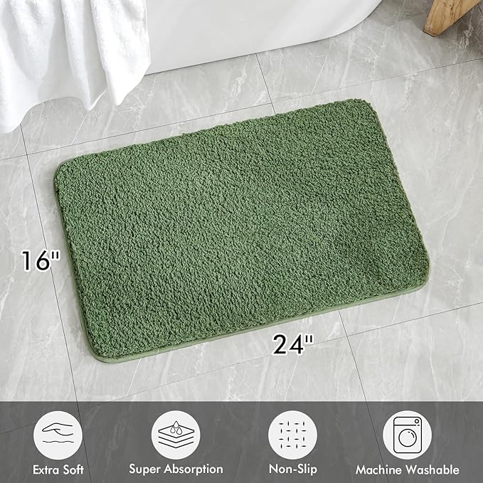 MIULEE Extra Thick Non Slip Bathroom Rug Shaggy Soft Bath Mat Plush Microfiber Absorbent Water for Shower Tub Machine Washable (Moss Green, 16x24 Inches)