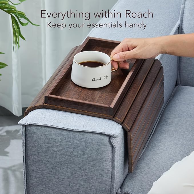 DETOR Couch Arm Tray with Spacious 12.4" x 5.4" Storage Box, Brown-Stained Bamboo Finish, Enhanced Non-Slip Felt Bottom, Sturdy Bamboo Slats, Fits Armrests 6" and Wider