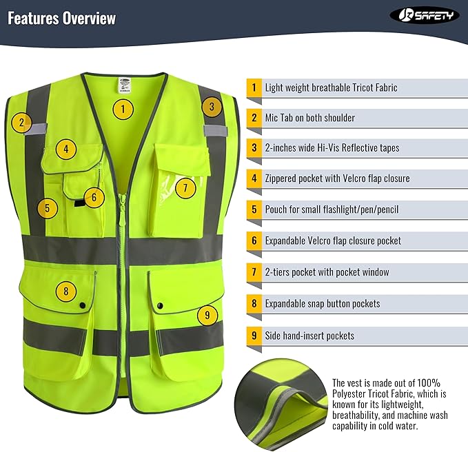 JKSafety 9 Pockets Class 2 High Visibility Zipper Front Safety Vest With Reflective Strips,Meets ANSI/ISEA Standard (XX-Large, Yellow)