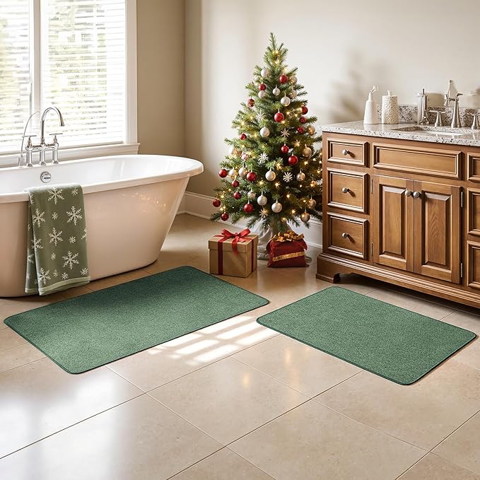 MIULEE Christmas Green Set of 2 Ultra Thin Bathroom Rugs, Rubber Bath Mats for Bathroom Non Slip, Quick Dry Absorbent Bath Rug Machine Washable, Fit Under Door, Shower, Sink, Home Decor, 24x36 Inch