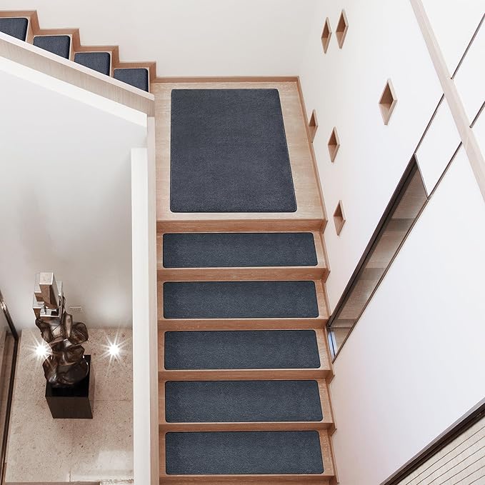 PURE ERA Carpet Stair Treads Ultra Plush 8" X 30" Soft Indoor Stair Protectors Pet-Friendly Non-Slip Skid Resistant Tape Free Washable Reusable(2 Pieces, Dark Gray)