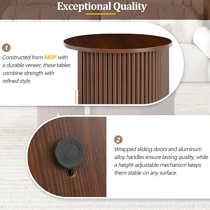 Merax Round Coffee Table Set with Storage, Fluted Center Tables with Sliding Cabinet Door for Living Room, Home, Office, Small Center Table,Walnut