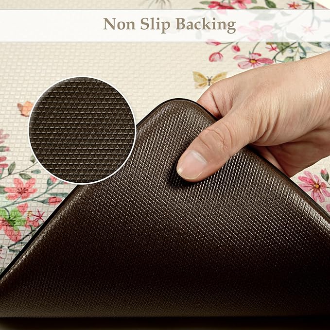 KIMODE Anti Fatigue Kitchen Mats for Floor 2 Piece, Cushioned Floral Kitchen Rugs, Memory Foam Kitchen Floor Mats, Summer Standing Desk Mats for Laundry Office Sink Beige 17"x47"+17"x29"