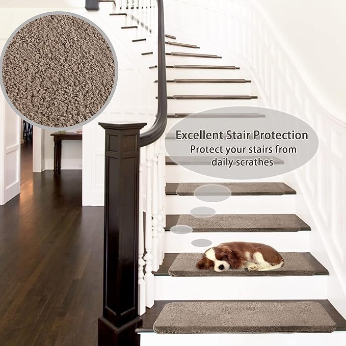 PURE ERA Carpet Stair Treads Ultra Plush 9.5" X 30"Soft Bullnose Indoor Stair Protectors Pet-Friendly Non-Slip Skid Resistant Tape Free Washable Reusable(7 Pieces,Brown)