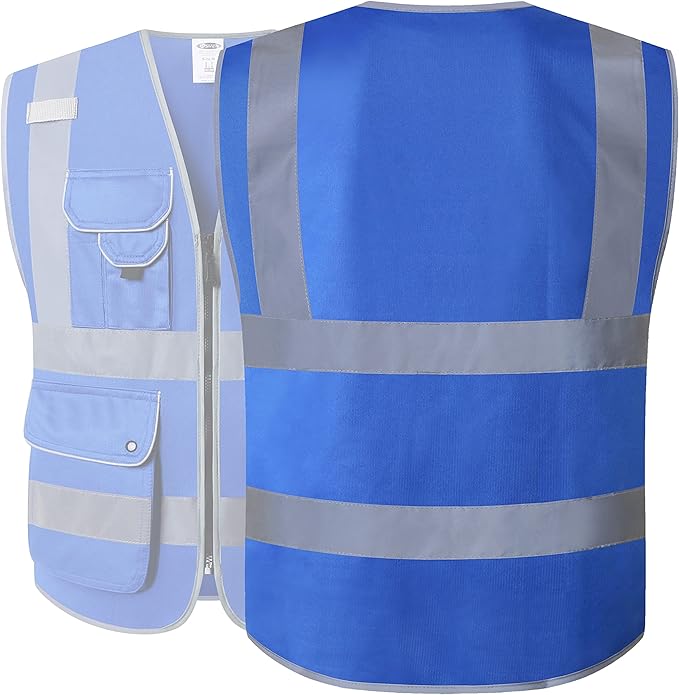 JKSafety 9 Pockets High Visibility Zipper Front Safety Vest With Reflective Strips Meets ANSI/ISEA Standard (150Blue-3XL)