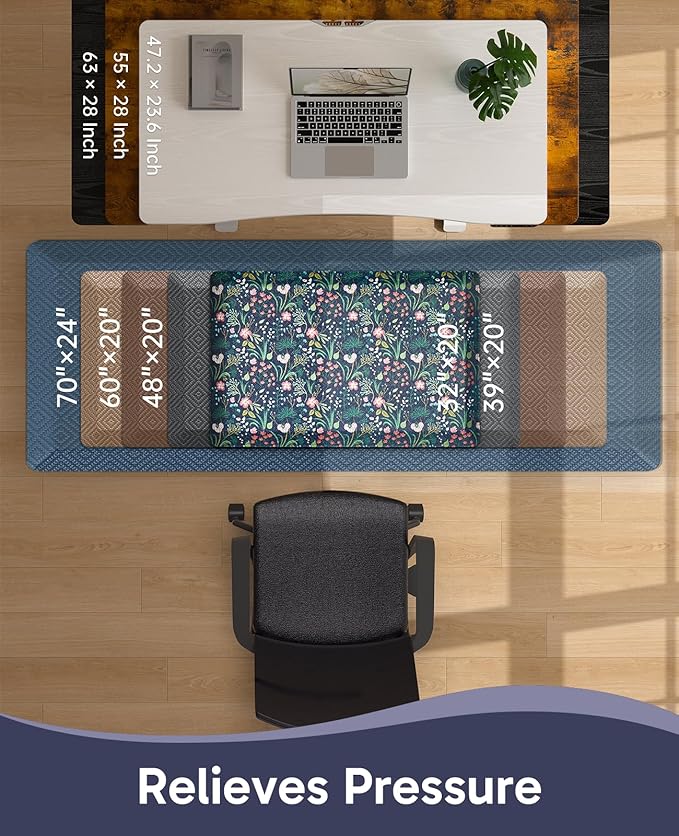 Ophanie Kitchen Mats for Floor, 3/4 inch Thick, 20x48 Anti Fatigue Cushioned Mat, Kitchen Rugs, Waterproof, Comfort Ergonomic Standing Mat for Office, Home, Sink, Blue Flower Non-Slip Ridged Bottom