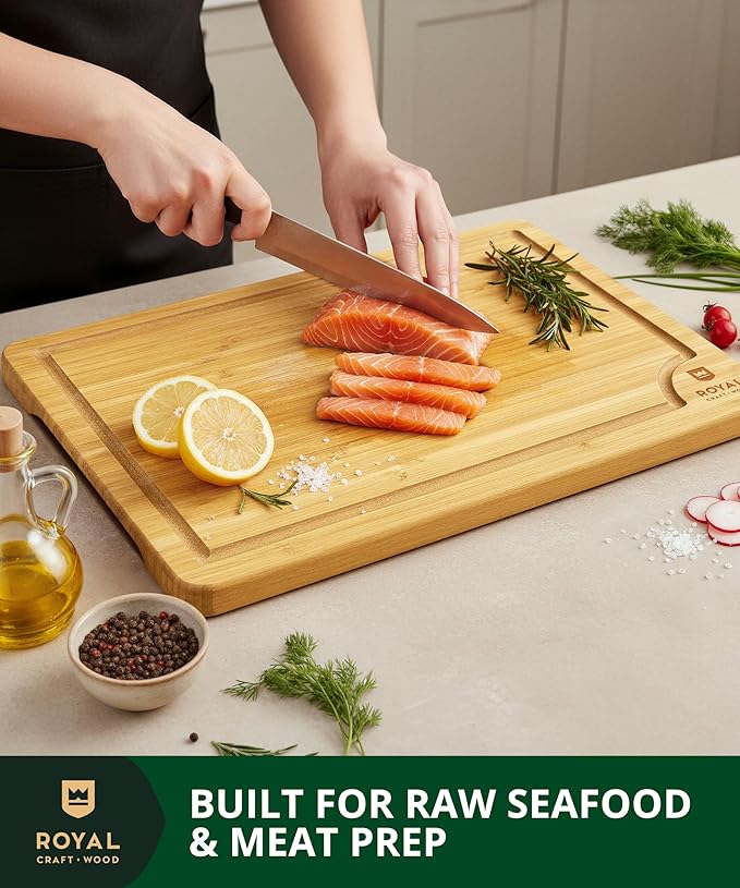 ROYAL CRAFT WOOD Wooden Cutting Boards for Kitchen Meal Prep & Serving - Bamboo Wood Serving Board with Deep Juice Groove Side Handles - Charcuterie & Chopping Butcher Block for Meat