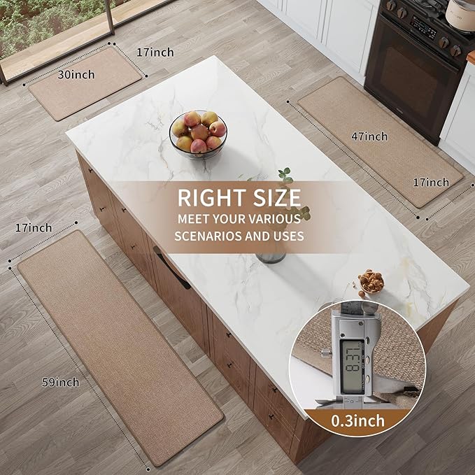 Kitchen Rugs Mat Non Slip Washable, Linen-Look 0.3" Thick Soft Cushioned Absorbent Kitchen Mats for Floor, Mild Anti-Fatigue Runner Rug Sink Mat Laundry Standing Mats, Easy Clean, Brown 17"x47"