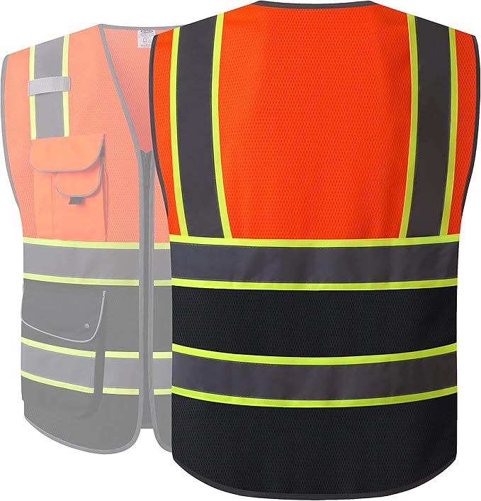 JKSafety 9 Pockets High Visibility Dual Color Zipper Front MESH Lite Safety Vest | Yellow Color Triming Reflective Strip | ANSI/ISEA Standards (100-Orange-Black, XXL)