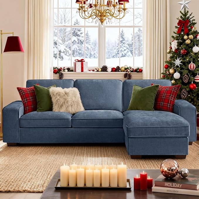 PARKOL 99" L-Shaped Sectional Couch with Storage, Sofa with Reversible Chaise, USB Type-C Charging, Chenille Fabric, Removable Cushion Covers, for Small Space, Apartment, Living Room, Blue