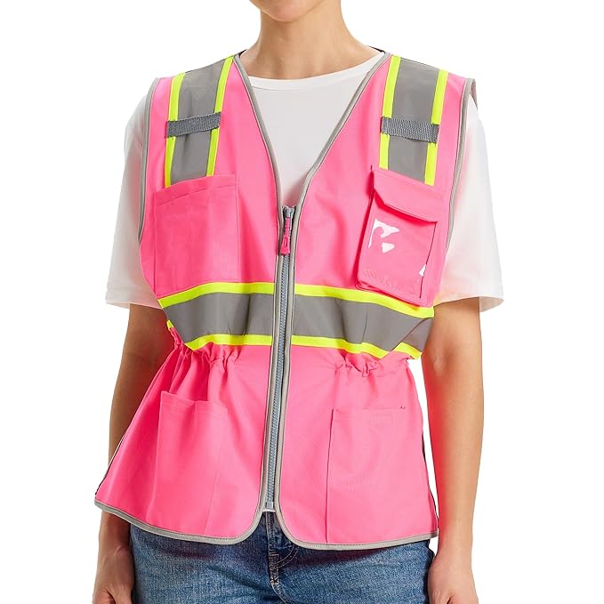 Hi Vis Safety Vest for Women, Working Drawstring waist Construction Vest with Pockets and Zipper, Womens Safety Vest, ANSI Type R Class2