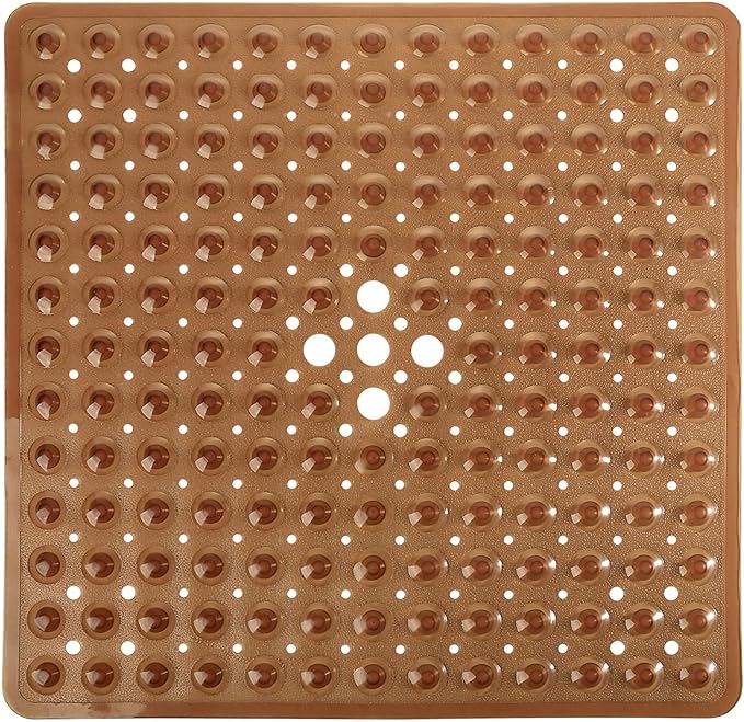 Yimobra Shower Stall Mat Non Slip, 21x21 Inch, Soft Square Bath Mat for Shower with Suction Cups and Drain Holes, Stall Floor Mats for Bathroom, Machine Washable, Bathroom Accessories,Clear Brown