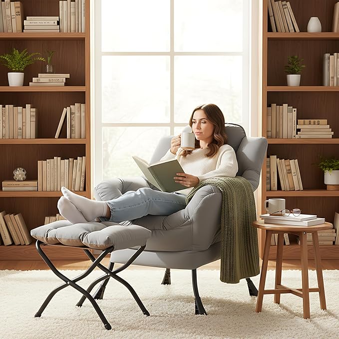 Lazy Chair with Folding Ottoman, Modern Accent Lounge Armchair with Armrests and a Side Pocket & Foldable Footstool, Leisure Reading Chair for Living Room, Bedroom, Dorm & Office, Light Grey