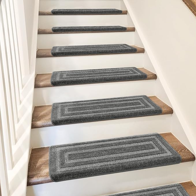 PURE ERA Bullnose Carpet Stair Treads Set Tape Free Non-Slip Indoor Stair Protectors Pet Friendly Rugs 9.5" x 30"(14 Pieces,Grey Rectangular)