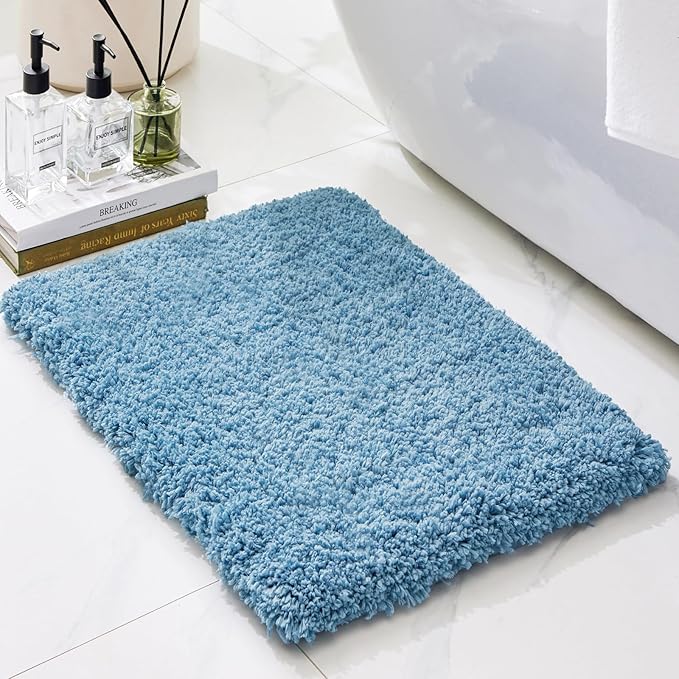 Bathroom Rugs 36x24, Ultra Thick Shaggy Soft Microfiber Absorbent Bath Rug, High Density Foam Latex Non Slip Backing, Machine Washable Bath Mats for Bathroom Floor & Sink, Blue