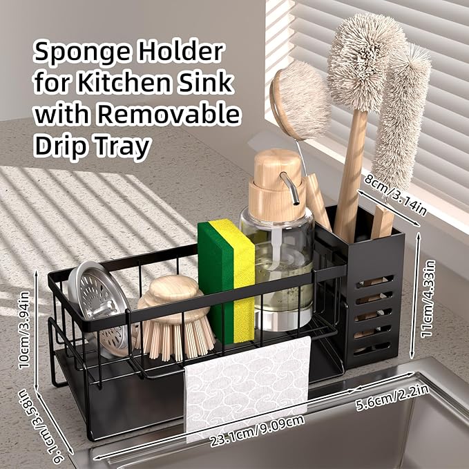 NET MEYA Kitchen Caddy Sink Organizer,Sponge Holder with Dish Brush Holder,Sponge Caddy Soap Dispenser Storage,304 Stainless Steel Kitchen Sink Accessories
