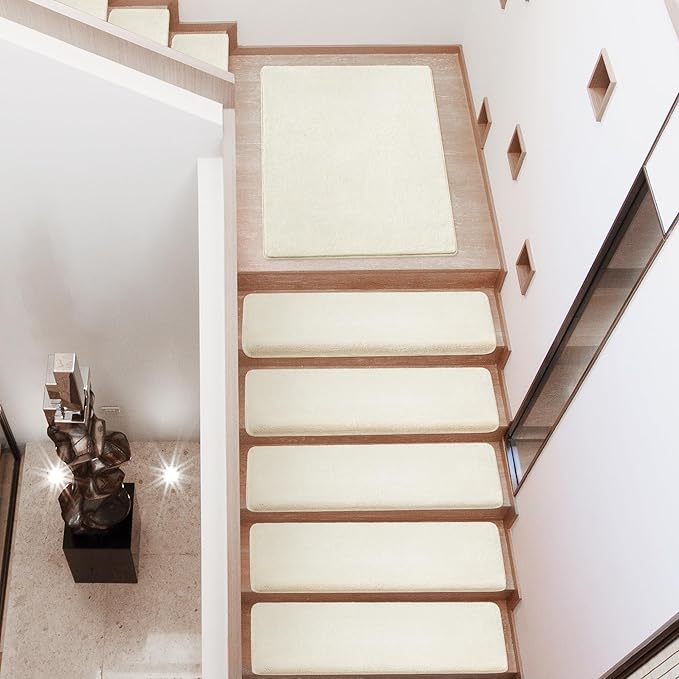 PURE ERA Carpet Stair Treads Ultra Plush 9.5" X 30"Soft Bullnose Indoor Stair Protectors Pet-Friendly Non-Slip Skid Resistant Tape Free Washable Reusable(14 Pieces,White)