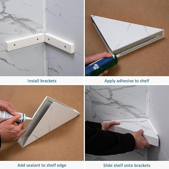 Palisade Vinyl Waterproof Corner Shower Shelf in Carrara Marble/Urban Glacier