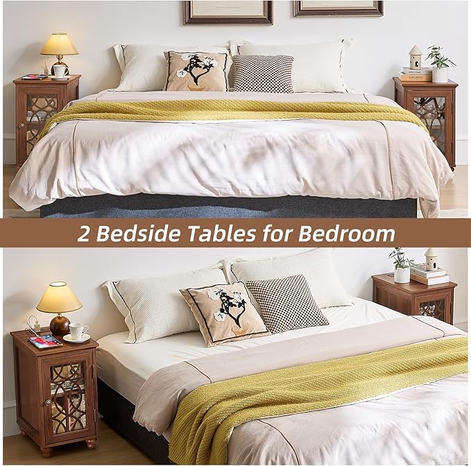Narrow Side Table with Charging Station, Night Stand with Glass Door, Bedside End Tables with Adjustable Shelf Storage Cabinet,Wood Nightstand for Small Spaces Living Room Bedroom