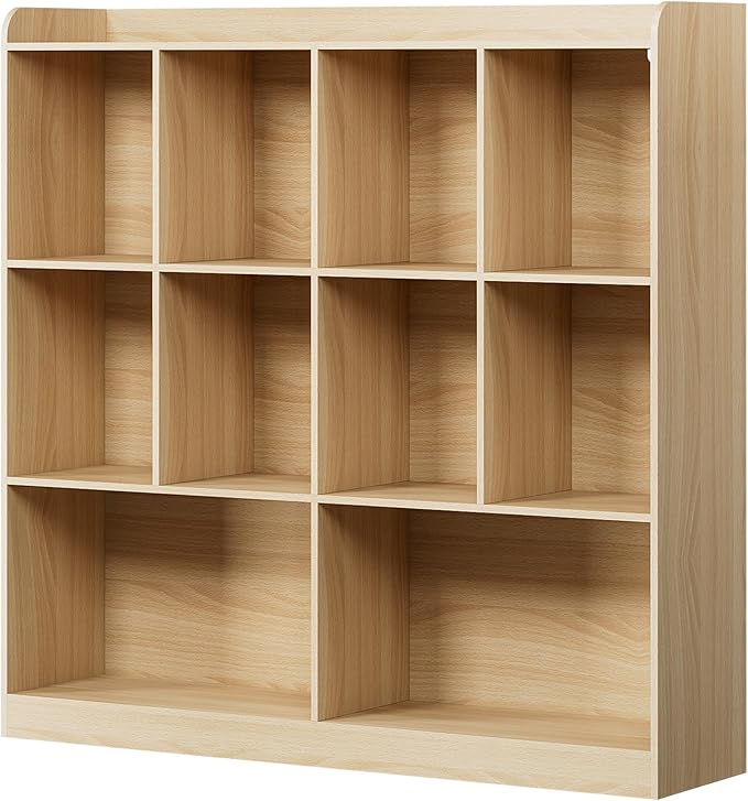 Cozy Castle Bookshelf, 3-Tier Open Bookshelf, 10 Cube Horizontal Bookcase, Storage Organizer with Anti-Tilt Device, Wood Bookcase for Home Office, Bedroom, Living Room, Oak
