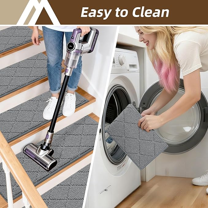 COSY HOMEER Stair Treads for Wooden Steps 9"x28" Washable Indoor Carpet Stair Treads Non Slip Soft Polyester Stair Carpet Tread Reusable Stair Runner Rugs for Kids, Elders,Pets,Medium Grey,15pcs
