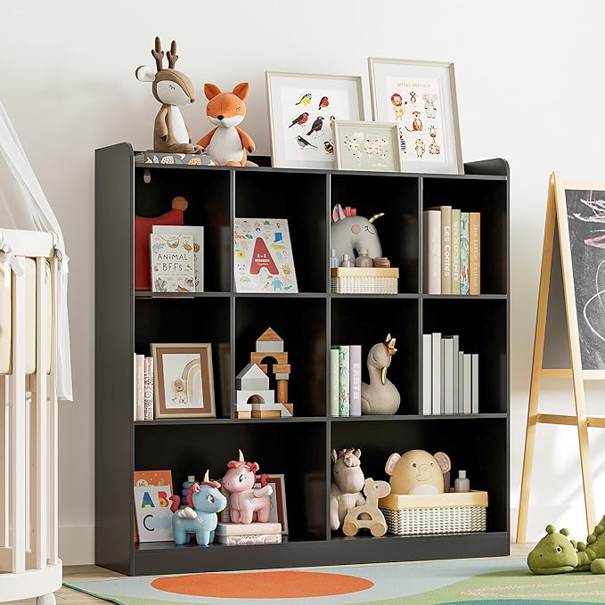 Cozy Castle Bookshelf, 3-Tier Open Bookshelf, 10 Cube Horizontal Bookcase, Storage Organizer with Anti-Tilt Device, Wood Bookcase for Home Office, Bedroom, Living Room, Black