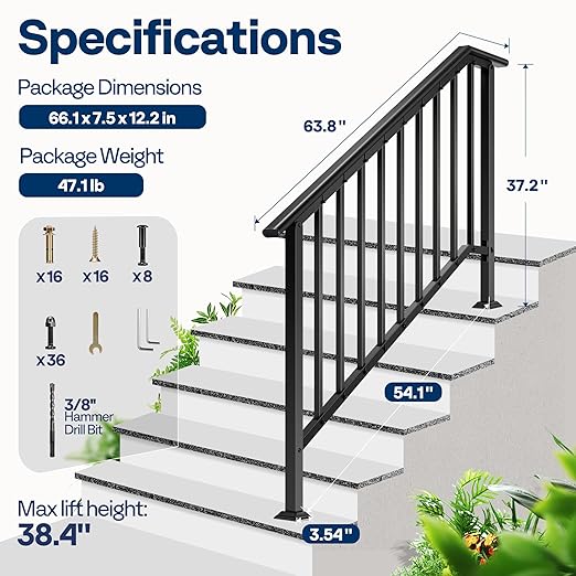 VIVOHOME 2-Pack 5 Step Galvanized Steel Hand Rails for Outdoor Steps – Black Oval and Safety Balusters Exterior Railing for Porch, Deck, or Indoor Stairs, Complete Installation Kit