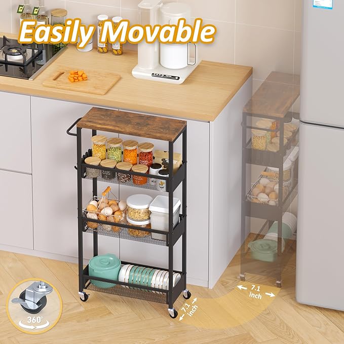 Slim Rolling Storage Cart, 4 Tier Metal Narrow Utility Cart with Handle and Wood Top, Multifunctional Small Mobile Shelf Unit Organizer Trolley for Laundry, Bathroom, Kitchen