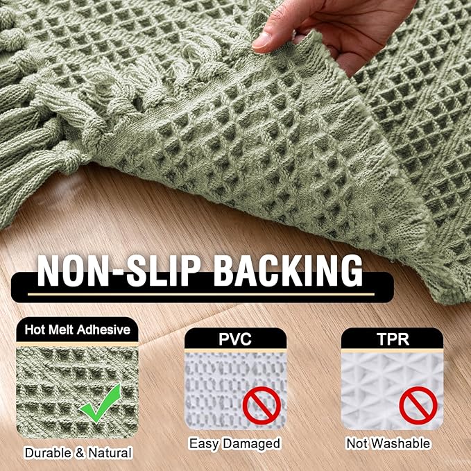 H.VERSAILTEX Waffle Bath Mat Super Absorbent Boho Bath Mat Non Slip Bath Rugs for Bathroom Floor Machine Washable Dry Fast Bathroom Rugs with Handmade Tassels, 17" x 24", Sage