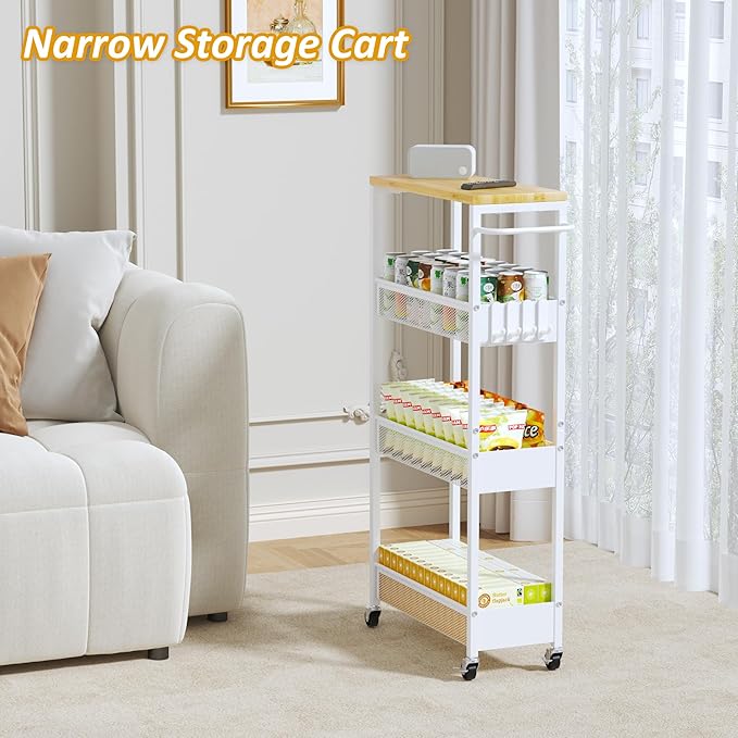 Slim Rolling Storage Cart, 4 Tier Metal Narrow Utility Cart with Handle and Wood Top, Multifunctional Small Mobile Shelf Unit Organizer Trolley for Laundry, Bathroom, Kitchen