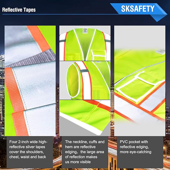 SKSAFETY 10 Pockets Safety Vest, Class 2 High Visibility Security with Zipper, Hi Vis Vest with Reflective Strips, ANSI/ISEA Standard, Construction Work Vest for Men ＆ Women （Lime, M）