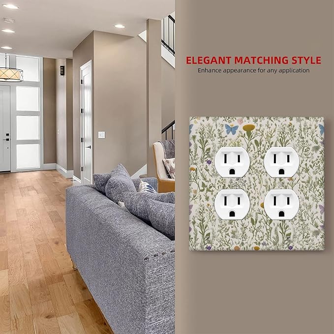 Floral Vintage Garden Plants Herbs Flower Botanical Outlet Covers 2-Gang Duplex Light Switch Covers Decorative Mustard Green Gfci Wall Plate Electrical Receptacle Switchplate Plug Faceplate