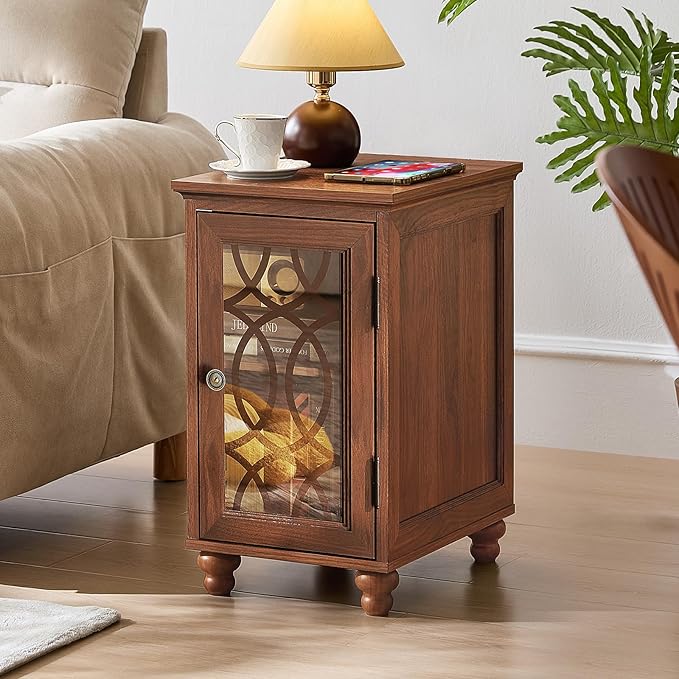 Narrow Side Table with Glass Door, 18 x 14'' Night Stand with Adjustable Shelf Storage Cabinet Organizer, Bedside End Tables Wood Nightstand for Small Spaces Living Room Bedroom