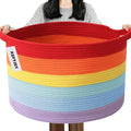Large Storage Basket with Handle,19.7" L x 19.7" W x 13" H Blanket Basket Storage Bins for Organizing,65L Cotton Rope Woven Baskets for Living Room, Nursery ,Bedroom,Rainbow