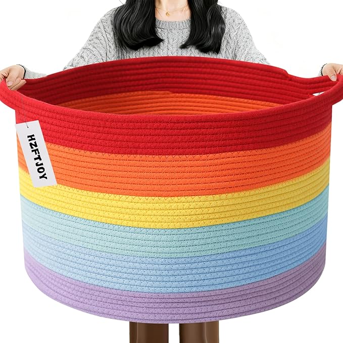 Large Storage Basket with Handle,19.7" L x 19.7" W x 13" H Blanket Basket Storage Bins for Organizing,65L Cotton Rope Woven Baskets for Living Room, Nursery ,Bedroom,Rainbow