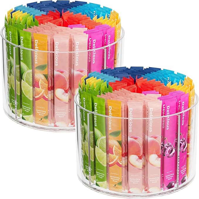 2-Pack Rotating Drink Mix Organizer, Spinning Drink Packet Holder, Clear Lazy Susan Turntable for Powdered Mixes, Divided Drink Storage Organizer