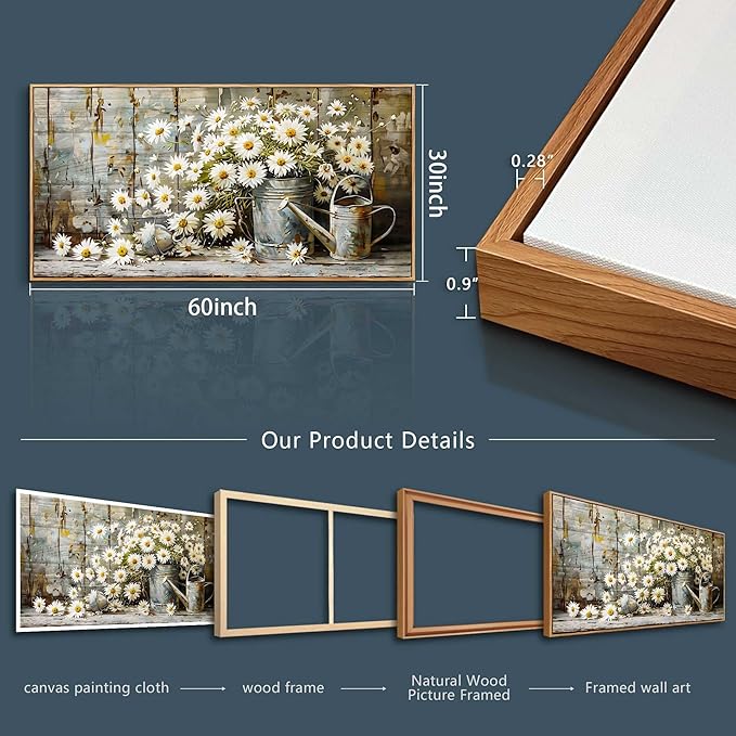 PHAOHUAXM Large Canvas Wall Art For Living Room Wall Decoration Printing Artwork Retro White Flower Dining Room Bedroom Bathroom Kitchen Wall Painting Home Decoration Aesthetics 30x60 In Wood Frame