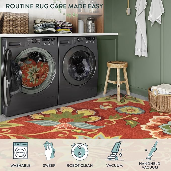 Lahome Floral Red Christmas Runner Rug 2x5, Washable Kitchen Hallway Runner Rug, Vintage Soft Christmas Throw Non-Slip Carpet for Entryway Living Room (2'x5', Red)
