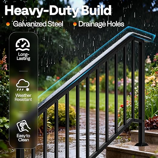 VIVOHOME 2-Pack 6 Step Galvanized Steel Hand Rails for Outdoor Steps – Black Oval and Safety Balusters Exterior Railing for Porch, Deck, or Indoor Stairs, Complete Installation Kit