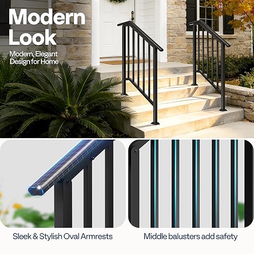 VIVOHOME 2-Pack 3 Step Galvanized Steel Hand Rails for Outdoor Steps – Black Oval and Safety Balusters Exterior Railing for Porch, Deck, or Indoor Stairs, Complete Installation Kit