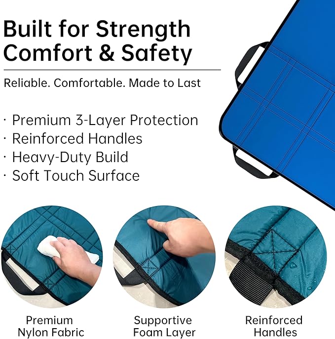Upgraded 3-Layer Comfort Positioning Bed Pad with Handles Washable Waterproof Transfer Board for Turning Moving Patient Inconvenience Care Transfer Sheet, 43"x 36", Medium, Lake Blue