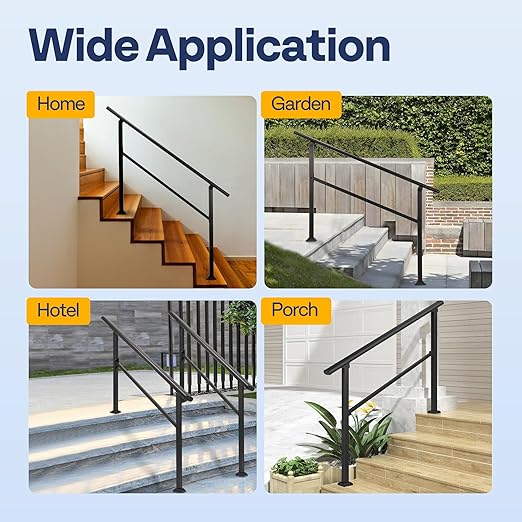 VIVOHOME 2-Pack 4 Step Hand Rails for Outdoor Steps, Galvanized Steel Railing, Black Oval Exterior Hand Railing for Porch, Deck, or Indoor Stairs, Railing Kit