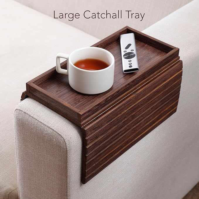 DETOR Couch Arm Tray with Spacious 12.4" x 5.4" Storage Box, Brown-Stained Bamboo Finish, Enhanced Non-Slip Felt Bottom, Sturdy Bamboo Slats, Fits Armrests 6" and Wider