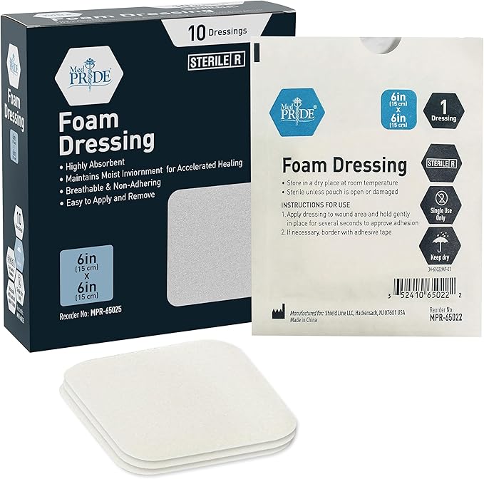 MED PRIDE Sterile Non-Adhesive Foam Wound Dressings, Highly Absorbent, Soft, Waterproof, Flexible for Hard Areas (6X6 Inch (Pack of 10))