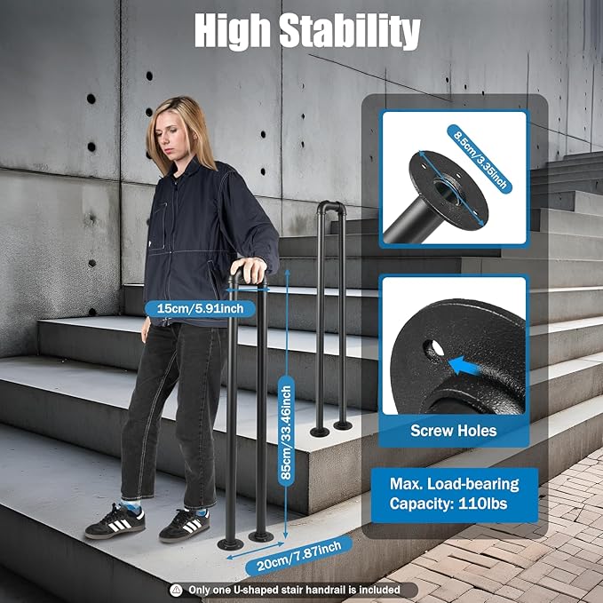 Stair Handrail Matte Black U-Shaped Industrial Wrought Iron Railing Non-Slip Safety Indoor Or Outdoor Elderly Children's Support Poles, Home for Garden Loft Corridor Villa Hotel