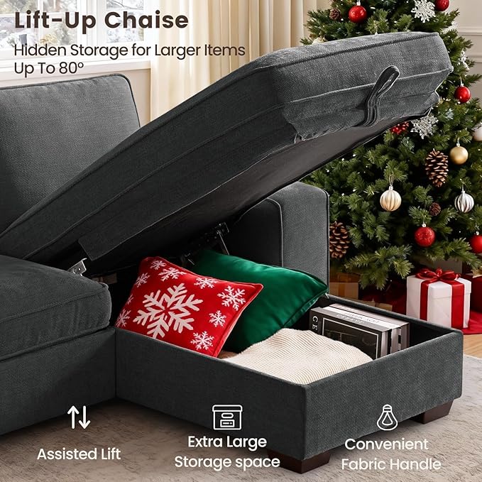 PARKOL 99" L-Shaped Sectional Couch with Storage, Sofa with Reversible Chaise, USB Type-C Charging, Chenille Fabric, Removable Cushion Covers, for Small Space, Apartment, Living Room, Dark Gray