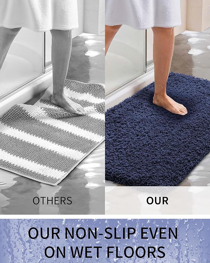 Bathroom Rugs 36x24, Ultra Thick Shaggy Soft Microfiber Absorbent Bath Rug, High Density Foam Latex Non Slip Backing, Machine Washable Bath Mats for Bathroom Floor & Sink, Navy Blue